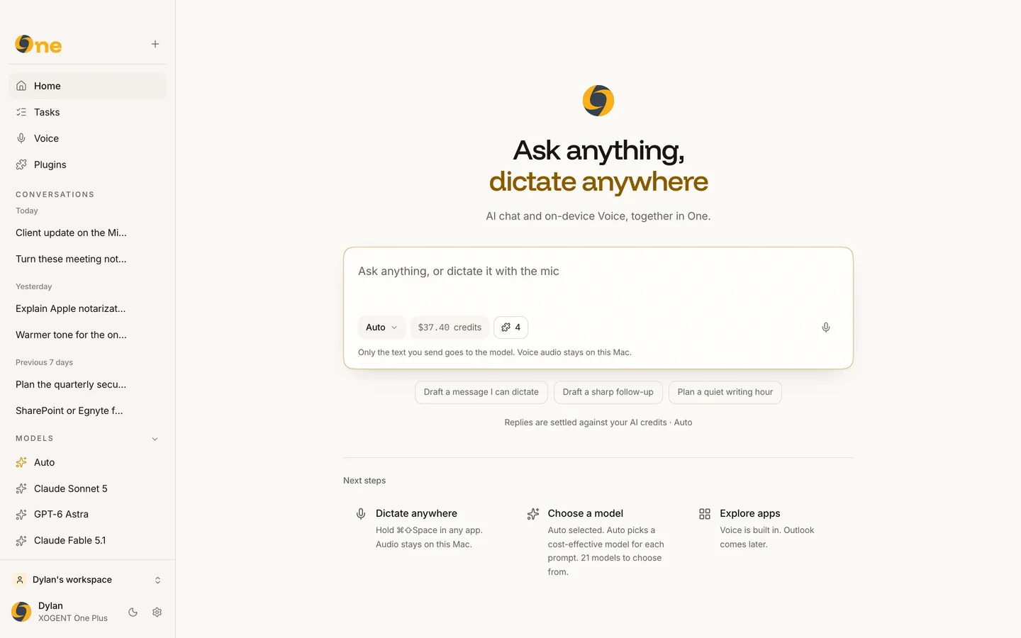 XOGENT One home screen on a Mac: ask anything or dictate, with Tasks, Voice and Plugins in the sidebar