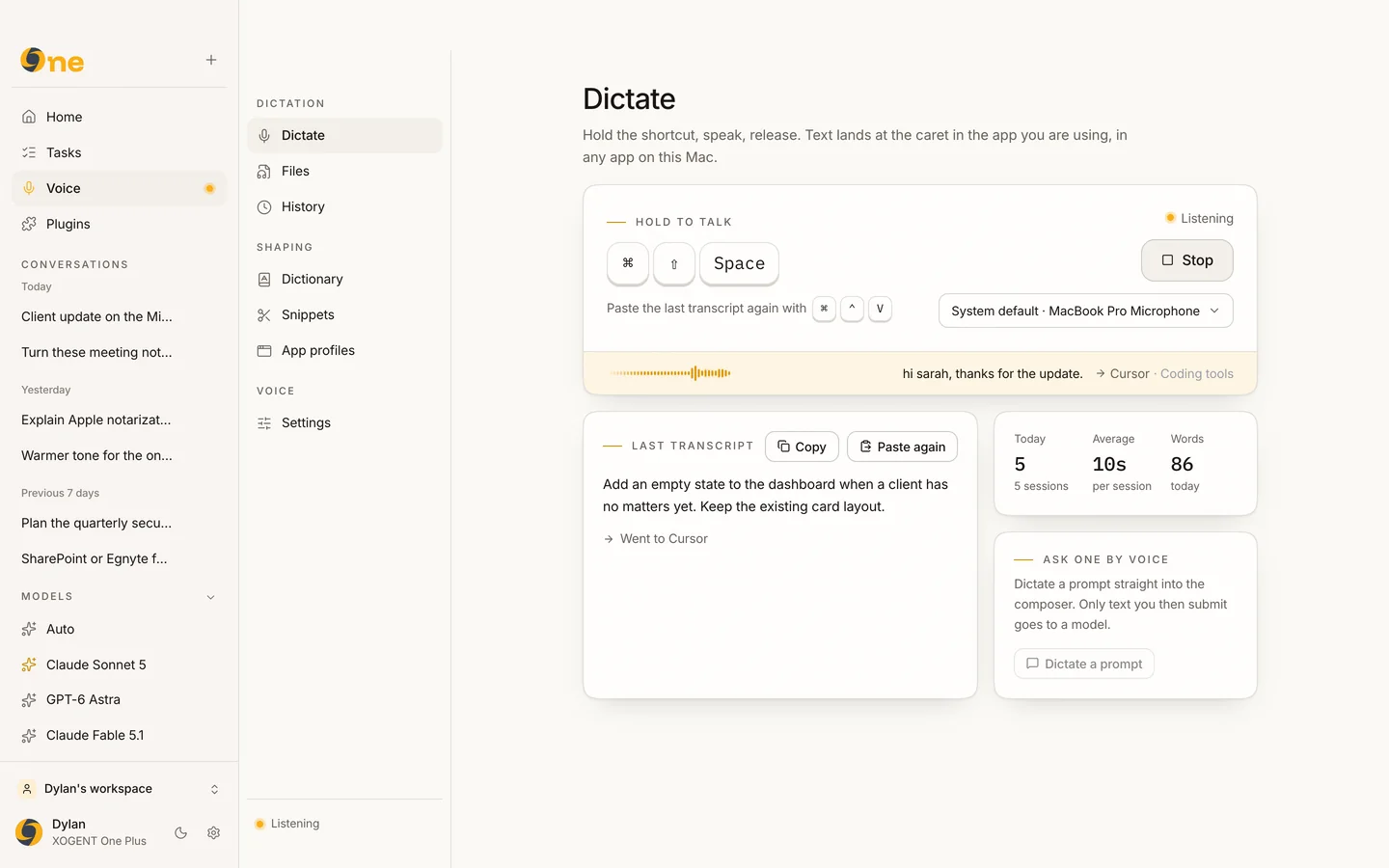 XOGENT Voice dictation settings with hold-to-talk shortcut and last transcript